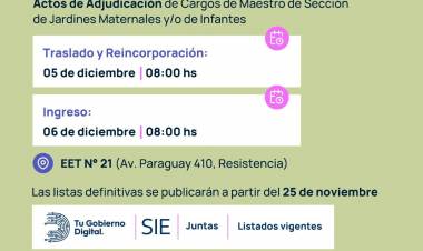 NIVEL INICIAL: ACTOS DE ADJUDICACIÓN DE CARGOS YA TIENEN FECHA