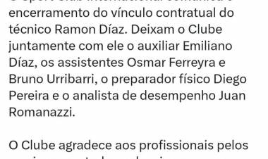 INTER DE PORTO ALEGRE OFICIALIZÓ LA SALIDA DE RAMÓN DÍAZ TRAS UN BREVE CICLO EN EL CLUB