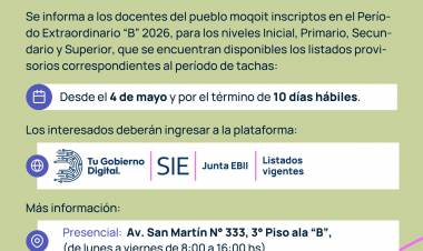 DOCENTES DEL PUEBLO MOQOIT: DISPONIBLES LOS LISTADOS PROVISORIOS DEL PERÍODO EXTRAORDINARIO “B”