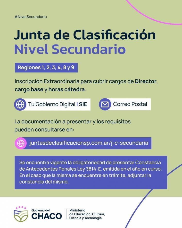 NIVEL SECUNDARIO: ABRE INSCRIPCIÓN PARA CUBRIR CARGOS EN DOS ESTABLECIMIENTOS EDUCATIVOS