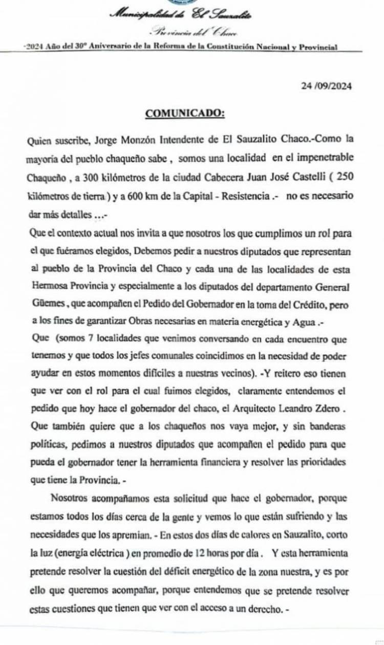 “PEDIMOS A NUESTROS DIPUTADOS QUE ACOMPAÑEN EL PEDIDO DEL GOBERNADOR EN LA TOMA DE CRÉDITO”, DESTACÓ EL INTENDENTE DE EL SAUZALITO, JORGE MONZÓN