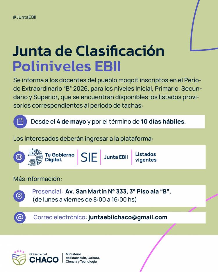 DOCENTES DEL PUEBLO MOQOIT: DISPONIBLES LOS LISTADOS PROVISORIOS DEL PERÍODO EXTRAORDINARIO “B”