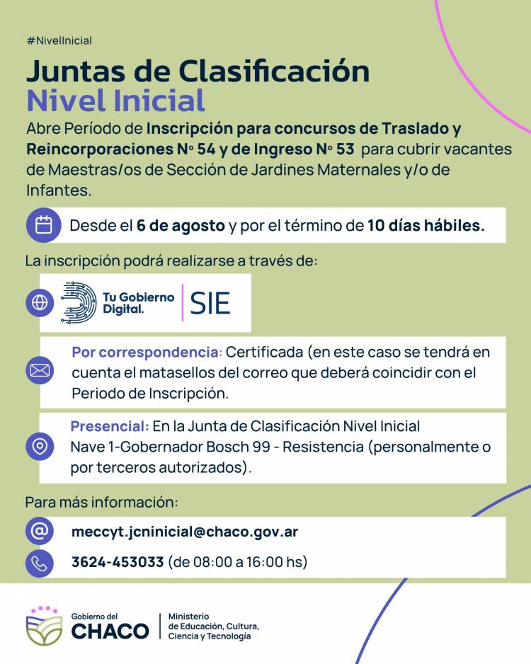 NIVEL INICIAL: ABREN LAS INSCRIPCIONES A LOS CONCURSOS DE INGRESO, TRASLADO Y REINCORPORACIONES