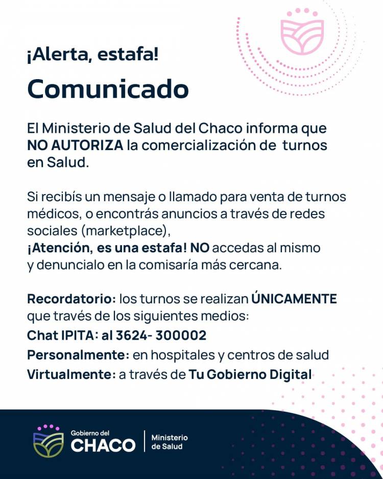 SALUD ALERTA SOBRE LA VENTA ILEGAL DE TURNOS Y PIDE A LA COMUNIDAD DENUNCIAR ESTAFAS